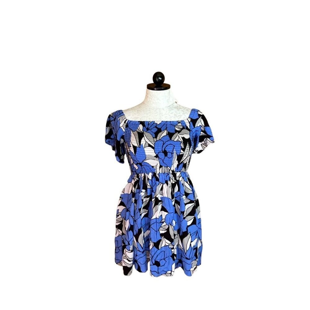 Free People Mini Dress Blue & Gray Floral Flowy Sleeves Size XS